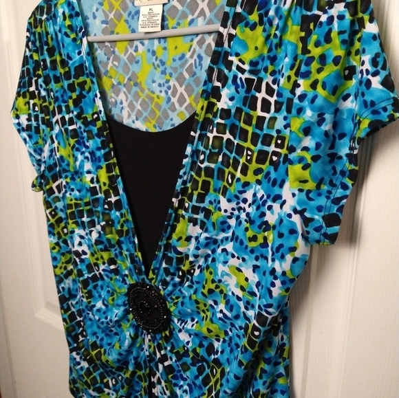 $ Kim Rogers blue black green squared print short sleeve blouse Size PL - Picture 5 of 9